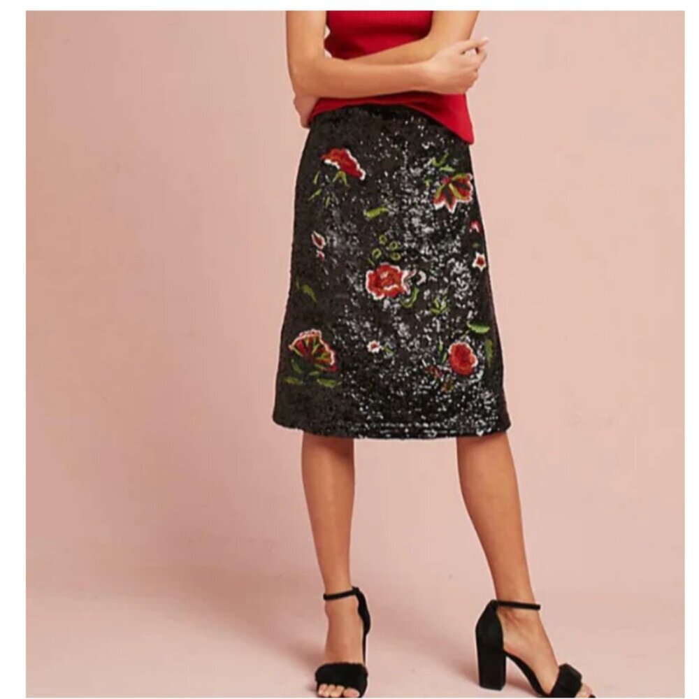 Anthropologie Sequin Floral Skirt 2 Black A-Line Sparkly Cocktail Knee Length